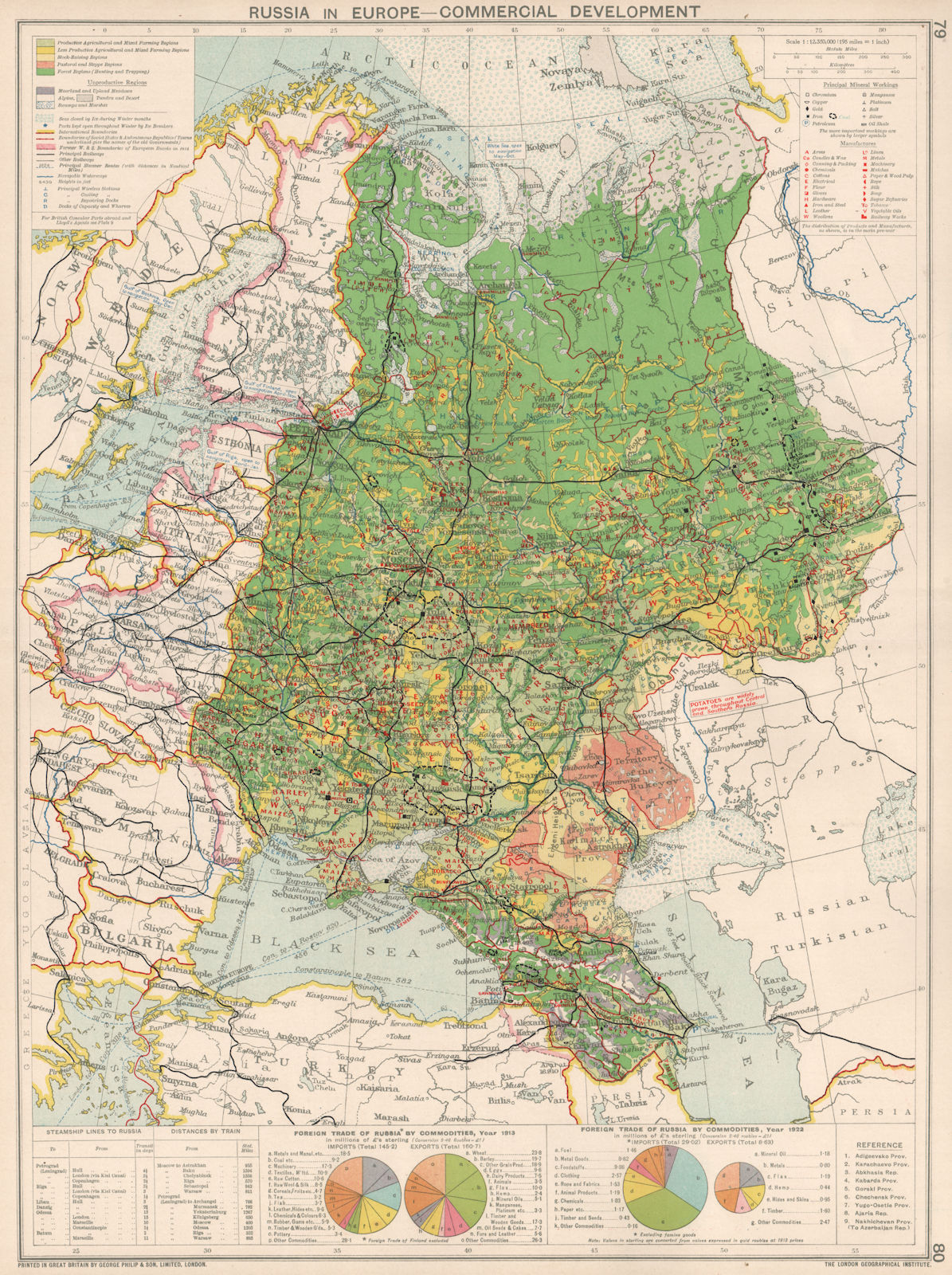 Russia in Europe. Commercial Development. Manufacturing & Minerals 1925 map